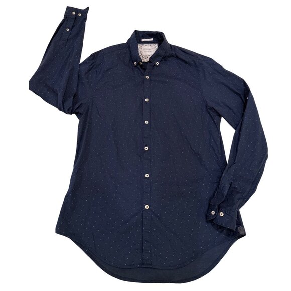 Denim & Flower Ricky Singh Mens Long Sleeve Navy Blue Polka Dot Button-Down Shir - Picture 3 of 7